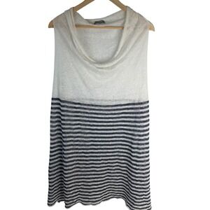Crea Concept Linen Blend Cowl Neck Striped Sleeveless Tunic Top White Navy 44